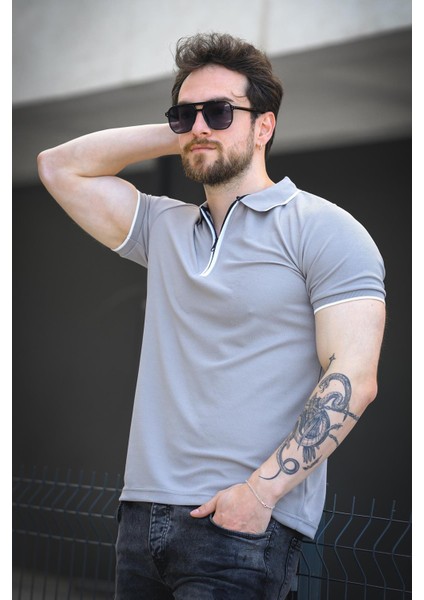 Calep Yakası Şeritli Slim Fit Fermuarlı Polo Yaka Erkek Tshirt