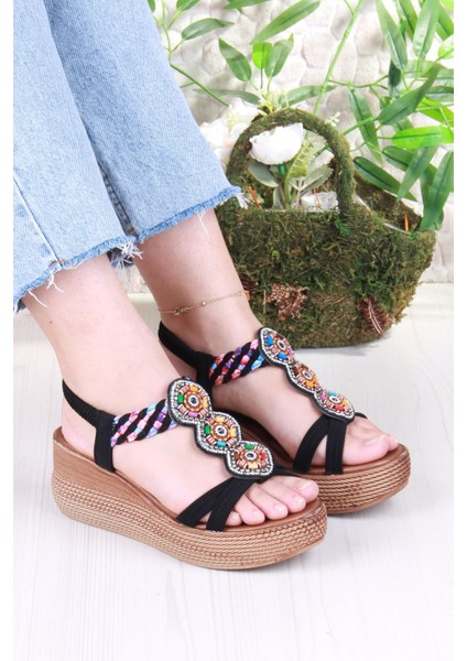 5015 Fendi Taşlı Boncuklu Dolgu Taban Kadın Sandelet