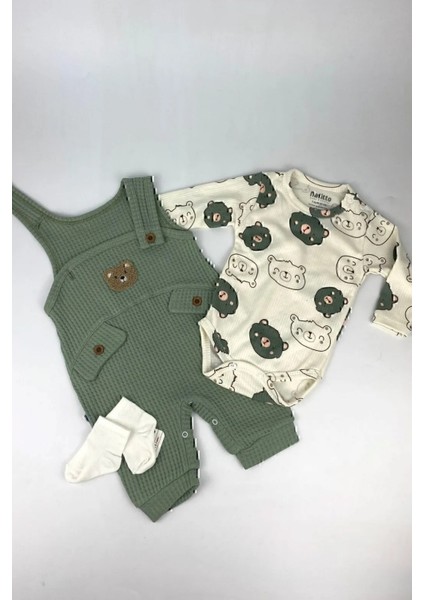 Ayı Nakışlı Erkek Bebek Tulum 3’lü Tulum Seti – Zıbın, Tulum ve Çorap | 3-6-9 Ay Bebek Kıyafeti modelleri
