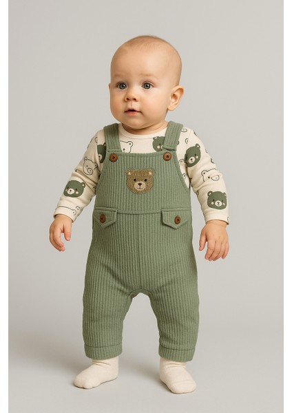 Ayı Nakışlı Erkek Bebek Tulum 3’lü Tulum Seti – Zıbın, Tulum ve Çorap | 3-6-9 Ay Bebek Kıyafeti