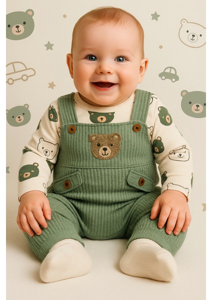 Ayı Nakışlı Erkek Bebek Tulum 3’lü Tulum Seti – Zıbın, Tulum ve Çorap | 3-6-9 Ay Bebek Kıyafeti