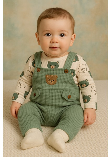 Ayı Nakışlı Erkek Bebek Tulum 3’lü Tulum Seti – Zıbın, Tulum ve Çorap | 3-6-9 Ay Bebek Kıyafeti