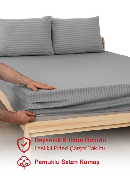 Pamuklu Çizgili Saten Lastikli Çarşaf ve Yastık Kılıfı Seti fiyatları
