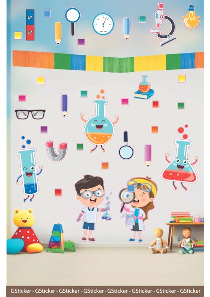 Kimya Deney Aletleri Çocuklar Okul Posteri Anaokulu Anasınıfı Kreş Çocuk Odası Duvar Sticker Seti