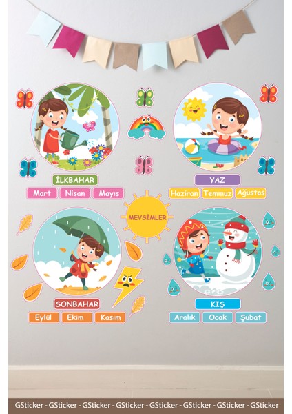 Mevsimler 4 Mevsim Çocuklar Okul Posteri Anaokulu Anasınıfı Kreş Çocuk Odası Duvar Sticker
