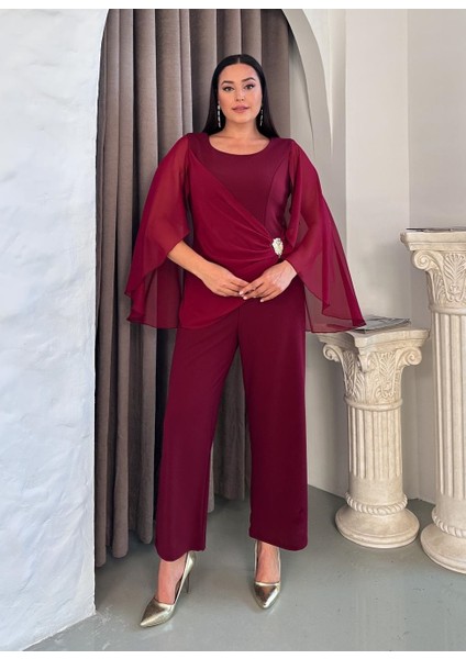 Kadın Büyük Beden Bisiklet Yaka Şifon Kol Broş Detaylı Abiye Tulum 24852 modelleri