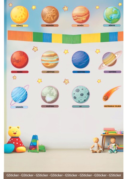 Gezegenler Uzay Okul Posteri Anaokulu Anasınıfı Kreş Çocuk Odası Duvar Sticker Seti fırsatları