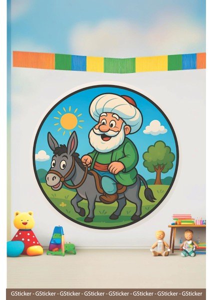 Dairesel Dede ve Sevimli Sıpa Okul Posteri Anaokulu Anasınıfı Kreş Çocuk Odası Duvar Sticker