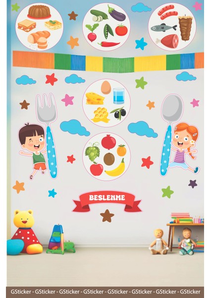Sağlıklı Beslenme ve Çocuklar Okul Posteri Anaokulu Anasınıfı Kreş Çocuk Odası Duvar Sticker Seti fiyatları