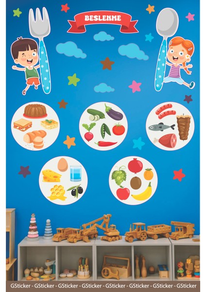 Sağlıklı Beslenme ve Çocuklar Okul Posteri Anaokulu Anasınıfı Kreş Çocuk Odası Duvar Sticker Seti modelleri