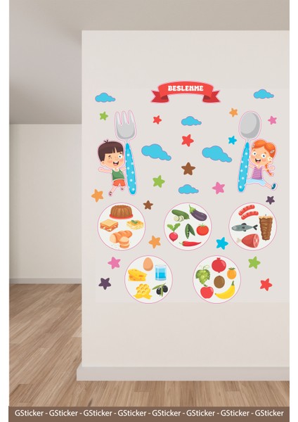 Sağlıklı Beslenme ve Çocuklar Okul Posteri Anaokulu Anasınıfı Kreş Çocuk Odası Duvar Sticker Seti fırsatları