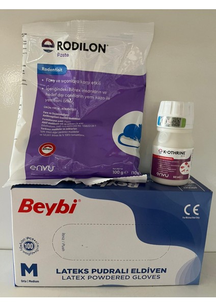 Rodilon Paste Fare Yemi + K-Othrine Sc 50 Sinek Ilacı + Beybi Medium Eldiven 3'lü Avantaj Set