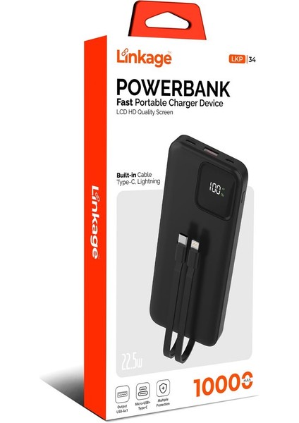 Lkp-34 10.000MAH 1xusb Pd 22.5W LCD Ekran Dahili Type-C Lightning Powerbank