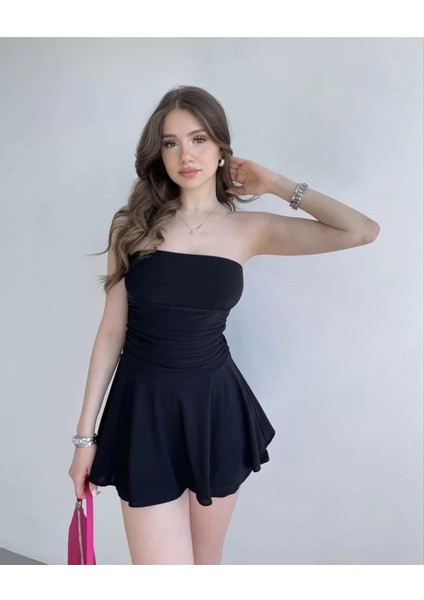 Kadın Straplez Sandy Kumaş Şortlu Prenses Etek Mini Kloş Elbise modelleri