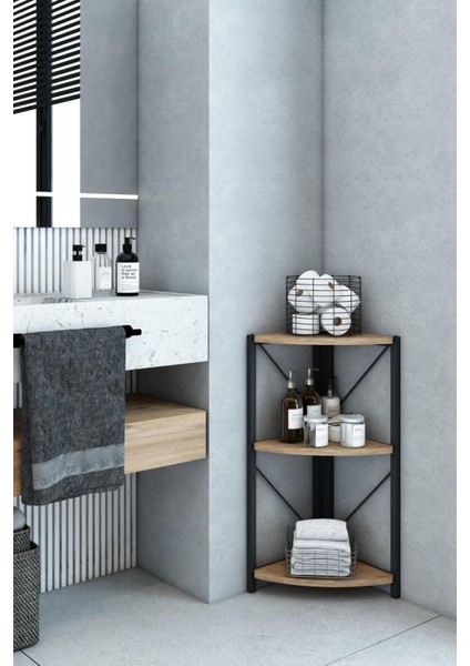 Datça 3 Raflı Metal Köşe Banyo Rafı Dekoratif Aksesuar Rafı Ceviz fiyatları