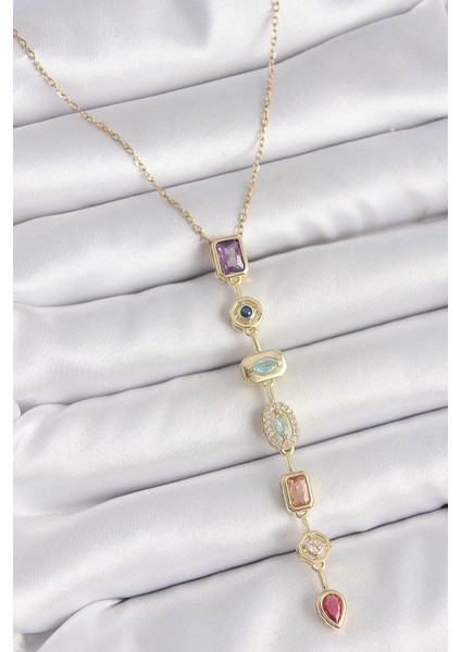 316L Çelik Gold Renk Zincir Zirkon Taşlı Y Model Dekolte Kadın Kolye