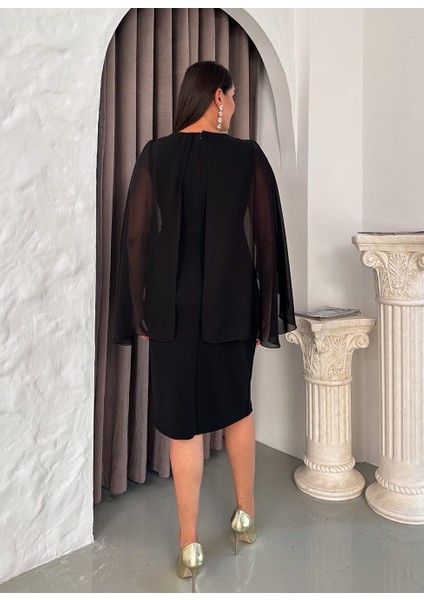 Kadın Büyük Beden Bisiklet Yaka Drape Şifon Detaylı Broşlu Midi Esnek Abiye Elbise 24860 indirimleri