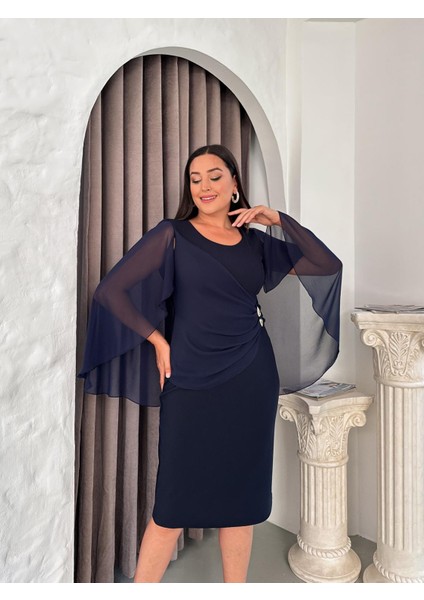 Kadın Büyük Beden Bisiklet Yaka Drape Şifon Detaylı Broşlu Midi Esnek Abiye Elbise 24860 modelleri