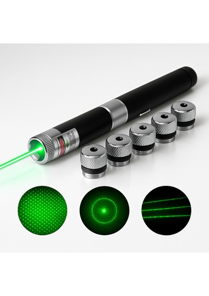 Yeşil Lazer Pointer Pilli | 100 Mw Gerçek Güç – 15 Km Etki Alanı 5 Lazer Ucu