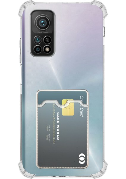 Caseworld Xiaomi Mi 10T Kapak ile Uyumlu Kamera Korumalı Kartlıklı Darbe Emici Özellikli Şeffaf Silikon Kılıf