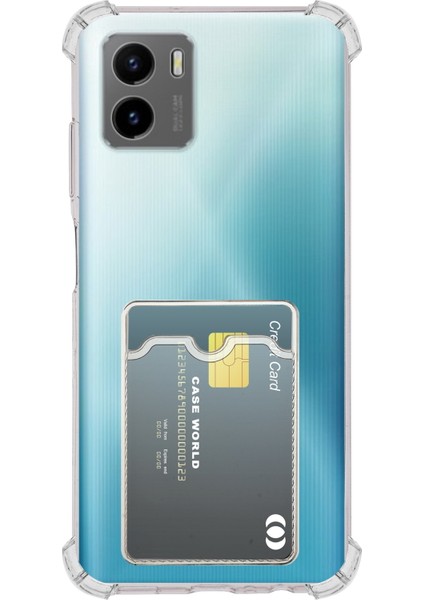 Caseworld Vivo Y15S Kapak ile Uyumlu Kamera Korumalı Kartlıklı Darbe Emici Özellikli Şeffaf Silikon Kılıf