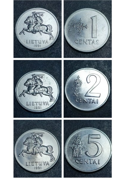 3996368025EC1D0713 1991 Litvanya 1/2/5 Centas Set Alüminyum Çil Madeni Para