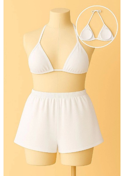 Kadın Beyaz Şortlu Belden ve Boyundan Bağlamalı Bikini Takımı fiyatları