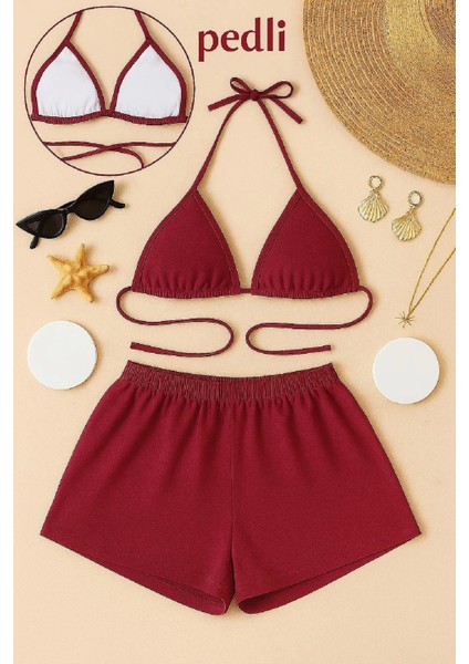 Kadın Bordo Şortlu Belden ve Boyundan Bağlamalı Bikini Takımı