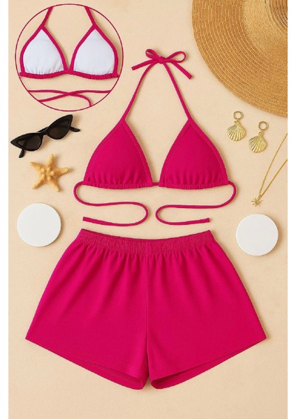 Kadın Fuşya Şortlu Belden ve Boyundan Bağlamalı Bikini Takımı