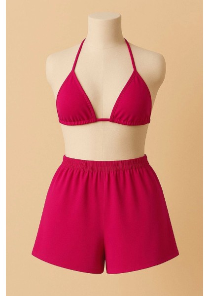 Kadın Fuşya Şortlu Belden ve Boyundan Bağlamalı Bikini Takımı fiyatları