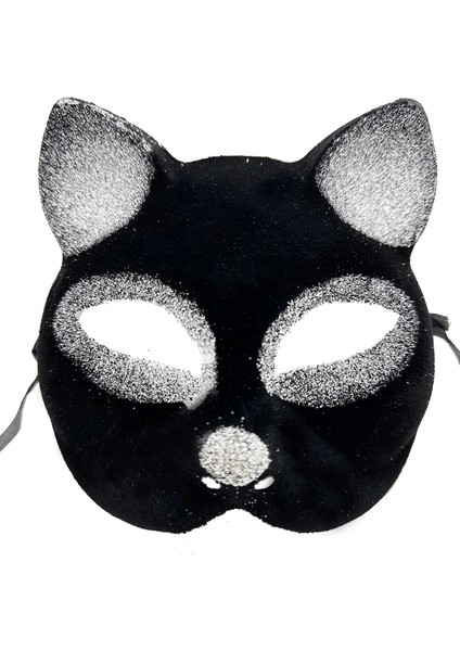 Siyah Renk Gümüş Simli Süet Kaplama Kedi Maskesi 18X14 cm - Lisinya