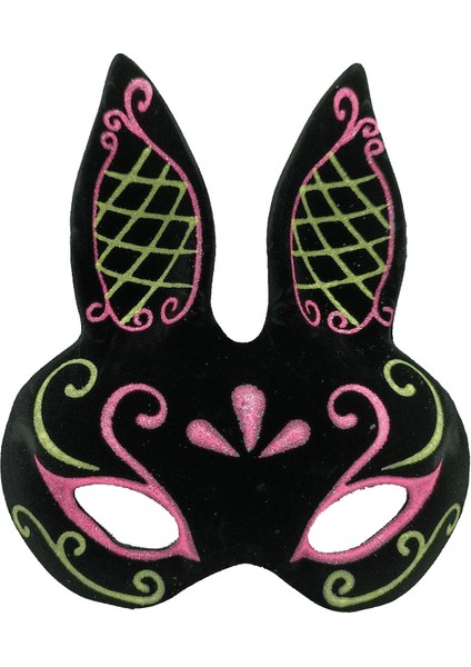 Siyah Renk Pembe Gold Simli Siyah Süet Kaplama Tavşan Maskesi 18X16 cm - Lisinya