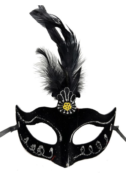 Siyah Renk Tüylü Siyah Süet Kaplama Parti Balo Maskesi 20X16 cm - Lisinya