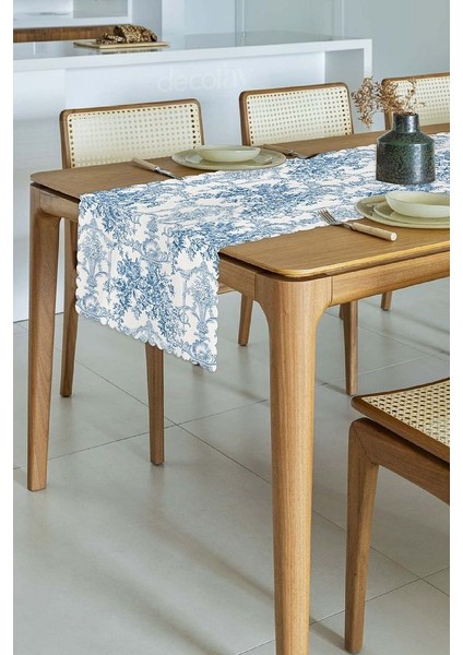Fransız Stili Toile De Jouy Desenli Dikişsiz Lazer Kesim Runner - 48X132CM