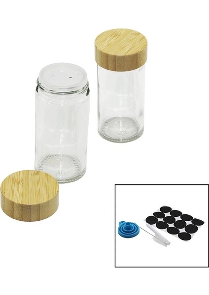 12 Pcs Takım Yuvarlak Cam Baharatlık - Tuzluk Bambu Kapaklı (5047)