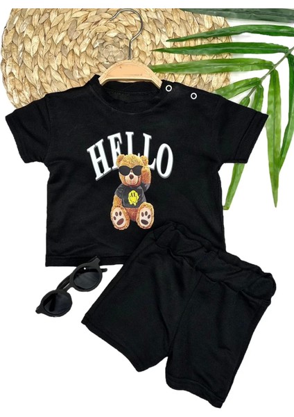 9-12-18-24 Ay Hello Gözlüklü Ayıcık Baskılı Şortlu Kısa Kollu Tişört 2li Erkek Bebek Takımı