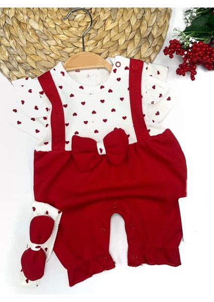 3-6-9-12 Ay Bandanalı Piti Kalp Baskılı Salopet Görünümlü 2li Kız Bebek Takımı