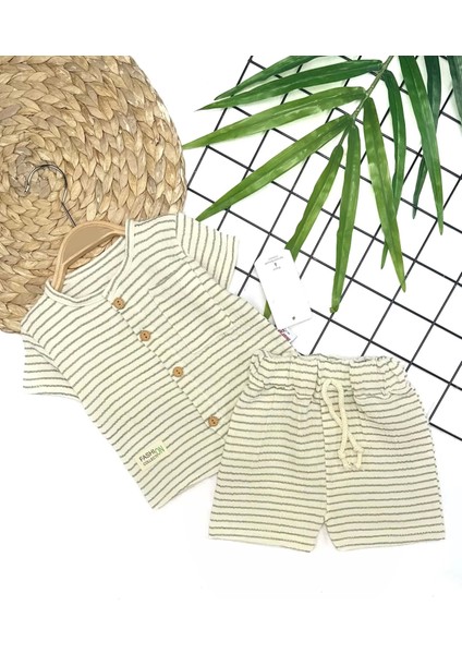 9-12-18-24 Ay Düğme Detaylı Çizgili Müslin Kumaş Yazlık 2li Erkek Bebek Takımı