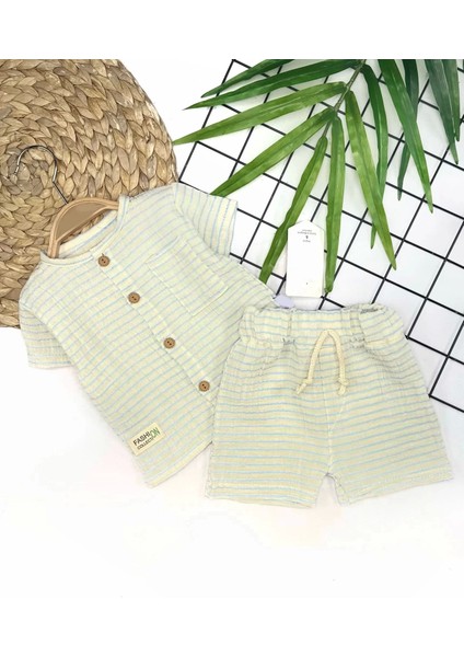 9-12-18-24 Ay Düğme Detaylı Çizgili Müslin Kumaş Yazlık 2li Erkek Bebek Takımı