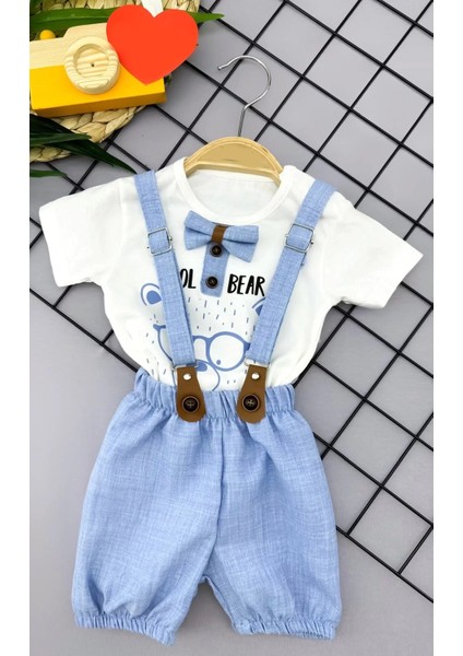 9-12-18-24 Ay Papyon Detaylı Keten Şort Salopet Tişörtlü 2li Erkek Bebek Takımı