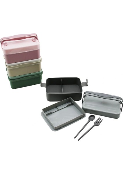 Beslenme Kutusu 2+1=3 Bölmeli - Çatal - Kaşık - Çiftli Taşıma Kulp Renkli Plastik (5047)