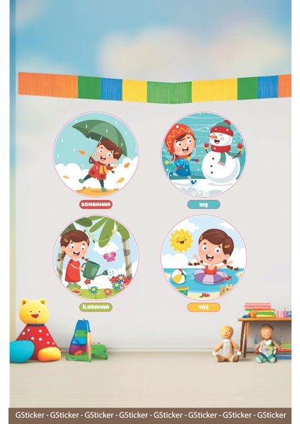 Mevsimler 4 Mevsim Çocuklar Okul Posteri Anaokulu Anasınıfı Kreş Çocuk Odası Duvar Sticker