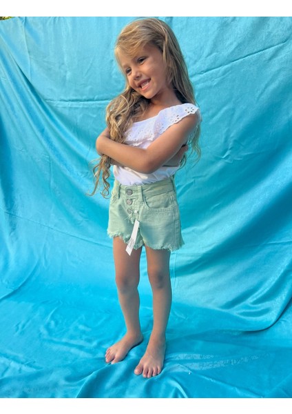 Monsterçocuk ~ Kız Çocuk Kot Şort - Yeşil ( 2-8 Yaş )