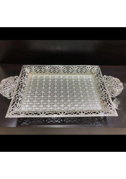 Gümüş Desenli Kristal Taşlı Servis Tepsisi LKM198