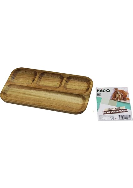 Akasya Dikdörtgen 4 Bölmeli=3+1 Ahşap Servis Sunum Tepsi - Tahtası 25 x 14 x 1.4cm