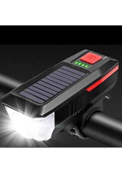 Solar Enerjili USB ile Şarj Edilebilir Ledli Bisiklet Feneri Kornalı ve Su Geçirmez Far (5047)