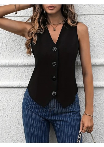 Kadın Sıfır Kollu V Yakalı Önden Düğmeli Atlas Yelek indirimleri