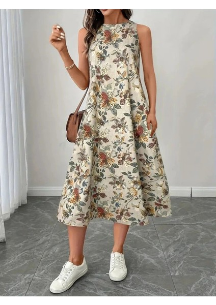Kadın Sıfır Kollu Yuvarlak Yaka Desenli Ithal Keten Midi Elbise