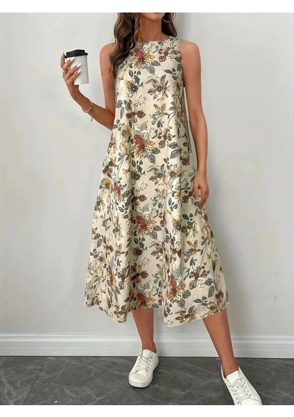 Kadın Sıfır Kollu Yuvarlak Yaka Desenli Ithal Keten Midi Elbise fiyatları