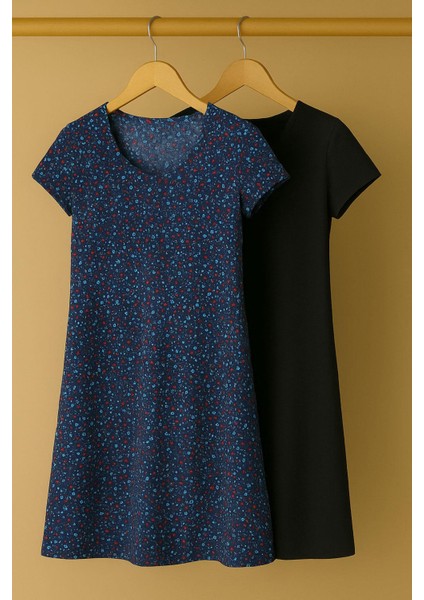 2 Adet Dökümlü Rahat Kalıp Günlük Penye Kumaş Elbise